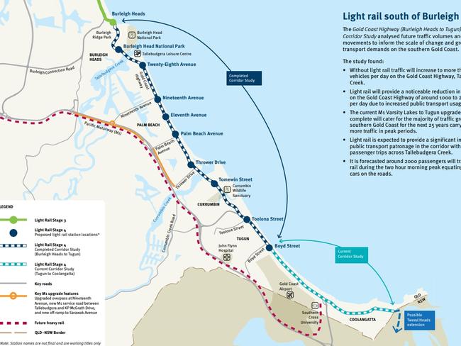 A map showing potential light and heavy rail options on the southern Gold Coast.