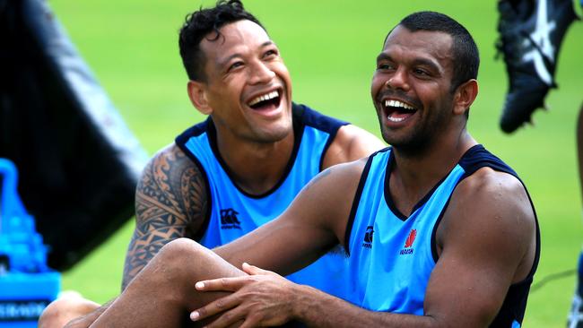 Israel Folau and Kurtley Beale during training today with the Waratahs at Moore Park after Kurtley signed a deal with London Wasps. Picture: Adam Taylor