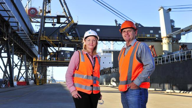 Glencore’s conveyor belt allows them to transport their commodity in full size ‘bulk’ carriages and very quickly load up ships, reducing their rail and port fees. Pictures: Port of Townsville CEO Ranee Crosby and Glencore Manager of Port Operations Greg O'Shea touring Berth 8.