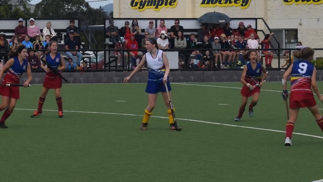 Gympie hosted the 2021 Under 13 Girls State hockey championships over the last four days, with Brisbane teams taking out two of the three division titles. Brisbane 1 celebrate after Lily Punch (9) scores. Pictures: Josh Preston