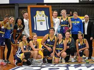Power games record breakers Troy Robinson and Amanda Beatson. Below are Briana Bailey, Ashleigh Kelman-Poto, Erin Geer and Kiah Guinea. Picture: Nick Kossatch GLA040819QBL