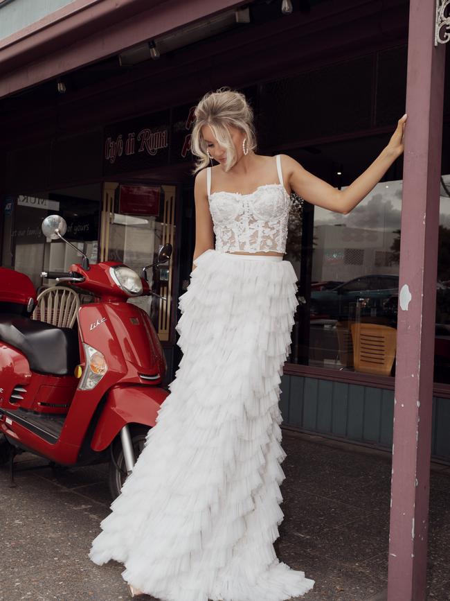 Corset style top with Ricciolina skirt, from Caleche Bridal.