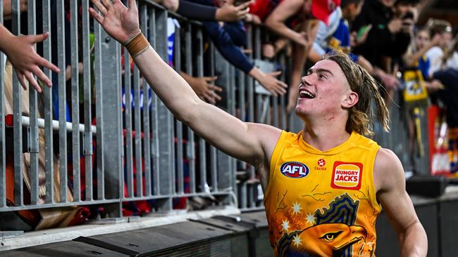 Harley Reid of the Eagles celebrates the win (Photo by Daniel Carson/AFL Photos via Getty Images)