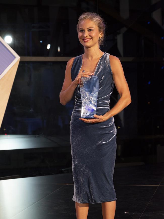 Grace Tame with her Australian of The Year Award at the The 2021 Australian of the Year Awards ceremony in January. Picture: NCA NewsWire / Martin Ollman