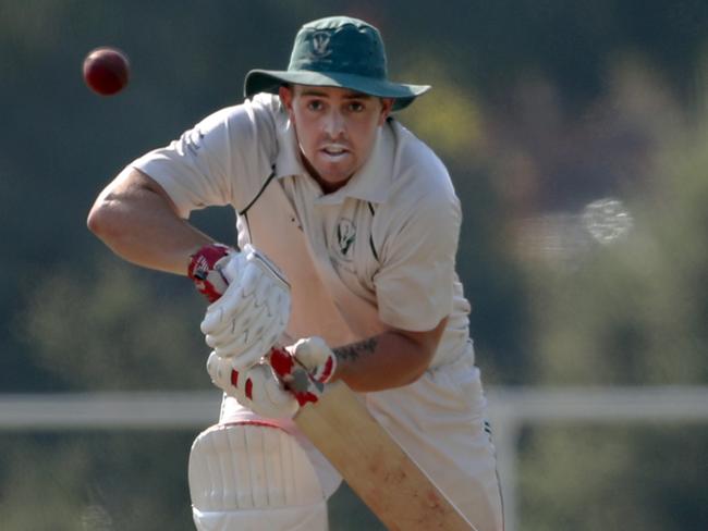 Jordon Kelly batting for Airport West during the VTCA Cricket: Airport West St Christophers v Aberfeldie game in Airport West. Picture: David Crosling