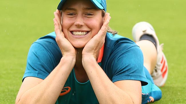 CANBERRA, AUSTRALIA - JANUARY 29: Ellyse Perry of Australia has her photo taken by a team mate after game three of the International T20 series between Australia and Pakistan at Manuka Oval on January 29, 2023 in Canberra, Australia. (Photo by Mark Nolan/Getty Images)