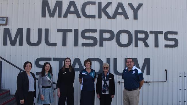 At the announcement of CQU’s QISSRL and QISSN coming to Mackay are (from left) Mackay Basketball’s Tara Smyth, QISSN’s Evie Teasdale, Hannah White, Mercy College’s Teresa Dragorn, St James College’s Ann Rebgetz and Scott McSherry from Mercy College. Picture: Matthew Forrest