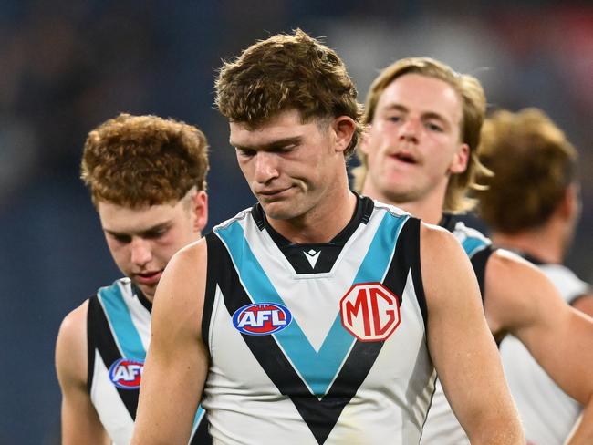 Mitch Georgiades and the Port Adelaide forward line didn’t get it done without the retired Charlie Dixon last week. Picture: Getty Images