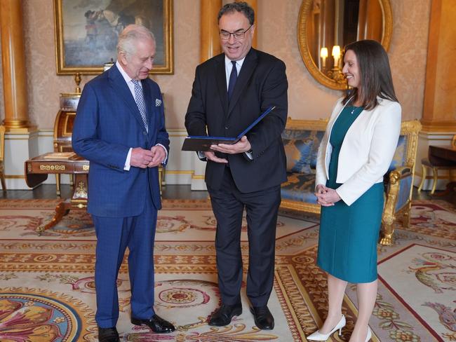 Charles has continued with important royal engagements, pictured here with Bank of England Governor Andrew Bailey and Sarah John, the Bank of England's Chief Cashier, on April 9. Picture: Yui Mok – WPA Pool/Getty Images