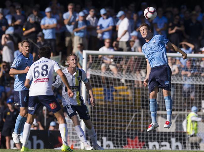 Brandon O'Neill of Sydney heads the ball during the Round 19 A-League match between Sydney FC and the Central Coast Mariners. Picture: AAP Image/Craig Golding