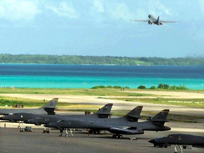 (FILES) A US Air Force B-1B bomber takes off from the Diego Garcia military base on a strike mission against Afghanistan in Diego Garcia on 07 October 07, 2001. Mauritius will assume sovereignty over the Chagos islands after it reached a "historic agreement" with the UK to settle a decades-long dispute, the British government announced on October 3, 2024. The foreign office said the UK would maintain its "strategically important" joint military base with the United States on Diego Garcia in the archipelago under the terms of the deal. (Photo by DoD / AFP)