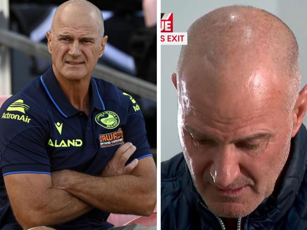 Brad Arthur got emotional while talking about his wife. Photo: NRL and Channel 7