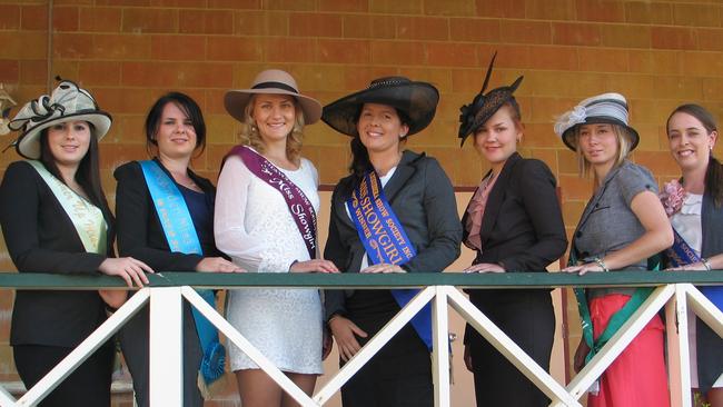 MISS SHOWGIRL. Entrants vying for the Burnett Miss Showgirl crown included Ellie-Jay Turner (Gayndah), Sarah Seabrook (Biggenden), Emma-Kate McGeorge (Eidsvold), Amanda Christensen (Mundubbera), Shannah Muller (Monto), Kayla Thomsen (Teebar) and Sarah Bear (Mt Perry). Photo Erica Murree / Central & North Burnett Times