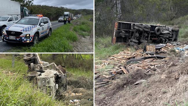 A truck driver has died following a horror rollover on the Bruce Highway at Clairview on Monday, November 27, 2023. Picture: Zoe Devenport