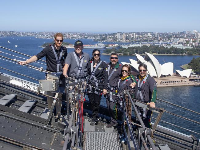 Prince Harry, Prime Minister Scott Morrison and Invictus Games representatives climb the Sydney Harbour Bridge. Picture: AP