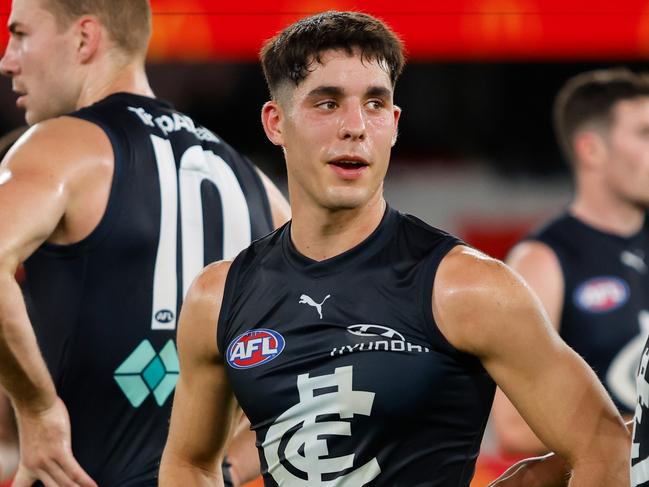 MELBOURNE, AUSTRALIA - APRIL 23: Adam Cerra of the Blues looks dejected after a loss during the 2023 AFL Round 06 match between the Carlton Blues and the St Kilda Saints at Marvel Stadium on April 23, 2023 in Melbourne, Australia. (Photo by Dylan Burns/AFL Photos via Getty Images)