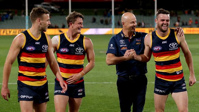 Brodie Smith, Matt Crouch, Matthew Nicks and Brad Crouch walk off the field after a win in 2020. Picture: James Elsby/AFL Photos via Getty Images