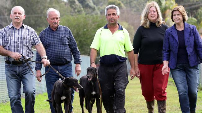 Local greyhound trainers and owners, from left: Mario Abela, John Earl, Larry Procopio and Leanne Procopio and Colleen Abela with two of their racing dogs at a training track in Riverstone. Pictures: Peter Kelly