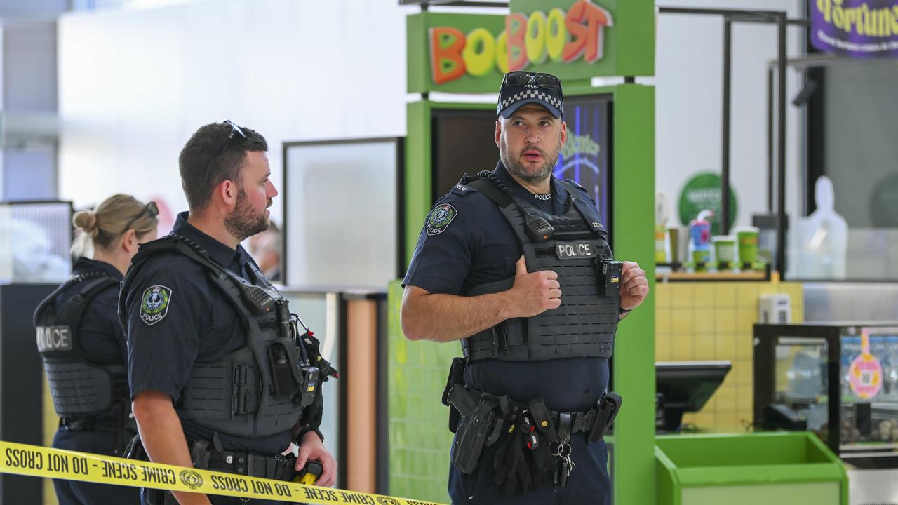 Police inside Elizabeth Shopping Centre after the teenage boy was stabbed during a brawl. Picture: Mark Brake