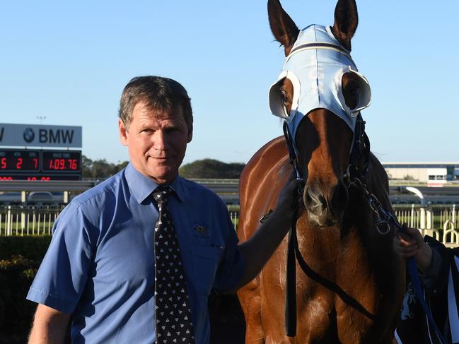 Trainer Les Ross with River Racer after winning at Doomben. Photo: Natasha Wood, Trackside Photography