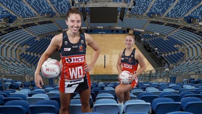 Amy Parmenter (left) and Jamie-Lee Price will miss Sunday’s Super Netball clash with Covid. Picture: Toby Zerna