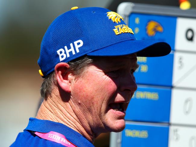 PERTH, AUSTRALIA - OCTOBER 15: Michael Prior, Senior Coach of the Eagles addresses his players during the 2023 AFLW Round 07 match between the West Coast Eagles and Naarm (the Melbourne Demons) at Mineral Resources Park on October 14, 2023 in Perth, Australia. (Photo by Gary Day/AFL Photos via Getty Images)