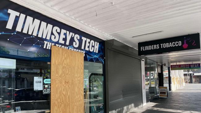 A vehicle was used to smash the front door of Timmsey's Tech on Flinders Street early January 8.