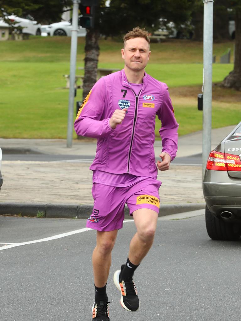 Mitch Duncan arriving for the Cats Mad Monday. Picture: Alison Wynd