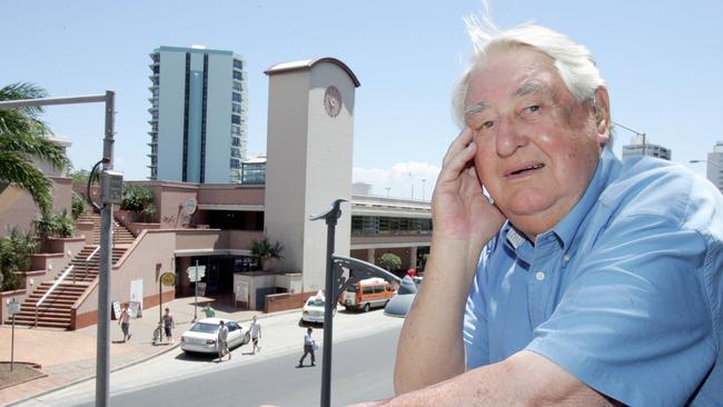 Bruce Bishop in front of the Surfers Paradise Transit Centre and the carpark that was named after him.