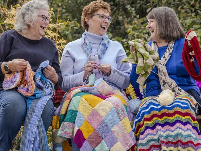 Knitting for the Peter Mac: with the support of Melton City Council the CommuKnitty Crafters group’s Helen Lorenz, Sandra McMenemie and Lorna Pawley. Picture by Wayne Taylor