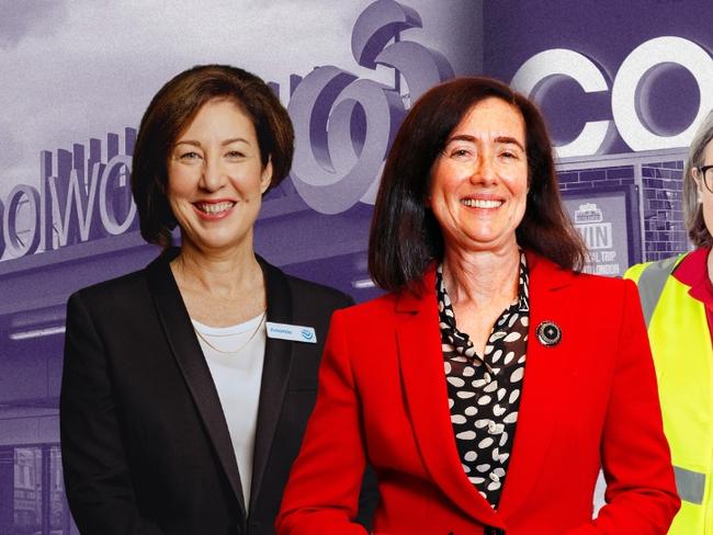 Digital mock-up of Woolworths CEO Amanda Bardwell (left), ACCC chair Gina Cass-Gottlieb and Coles CEO Leah Weckert [4x3]