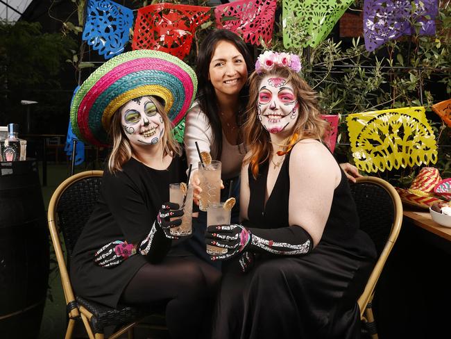 Tara Jay, Angela Esquivel organiser, Georgina Davis ready for the event.  Preview to Day of the Dead event at In The Hanging Garden.  Picture: Nikki Davis-Jones