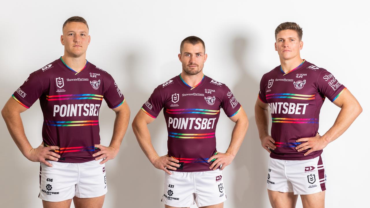 Manly's Sean Keppie, Kieran Foran and Reuben Garrick in the Sea Eagle's Pride jersey. Pic: Manly Digital