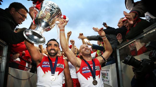 Captains Adam Goodes and Jarrad McVeigh of the Sydney Swans celebrates with the Premiership cup after the Swans won the 2012 AFL Grand Final defeating Hawthorn at the MCG. Picture. Phil Hillyard The Final Quarter - The documentary on the final 3 years of the career of Adam Goodes of the Sydney Swans.