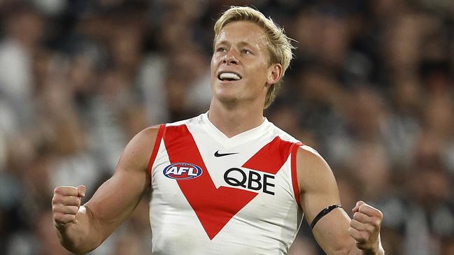 Sydney's Isaac Heeney   celebrates kicking a goal  during the Round 1 AFL match between the Collingwood Magpies and the Sydney Swans at the MCG on March 15, 2024. Photo by Phil Hillyard(Image Supplied for Editorial Use only - Phil Hillyard  **NO ON SALES** - Â©Phil Hillyard )