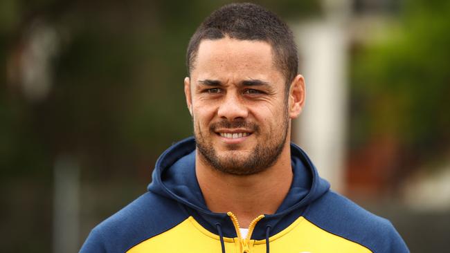 Jarryd Hayne speaks at Parramatta training yesterday. Picture: Getty Images.