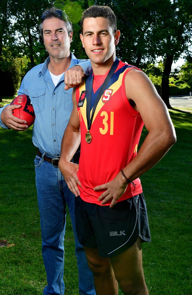 Jack Graham, before he was drafted, and his father Jeff Graham who played for West Torrens. Picture: Mark Brake