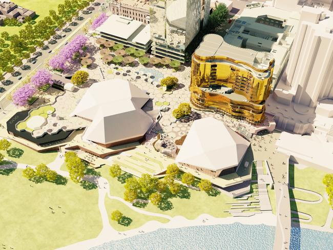 Festival Plaza Artist Impressions - 5/11/2021 - supplied by Renewal SA -  Elder Park Overview - Render of the completed Festival Plaza showing the entirety of the open public space in and around the Adelaide Festival Centre, SkyCity and Walker office tower.  - Images credit: ARM Architecture