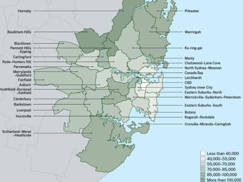 This map shows the total infrastructure costs per dwelling for different areas of Sydney. Picture: NSW Productivity Commission