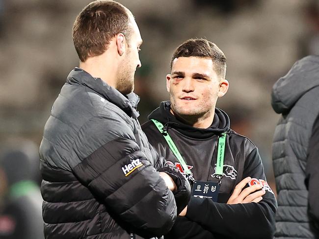 Nathan Cleary (R) and Isaah Yeo (L) were among Penrith’s five Origin stars rested for the game. (Photo by Mark Kolbe/Getty Images)