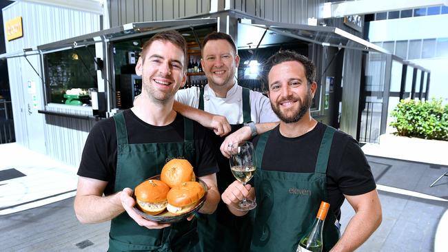 Eleven owners Callum Hann and Themis Chryssidis (front), with head chef Daniel Murphy. Picture: Mark Brake