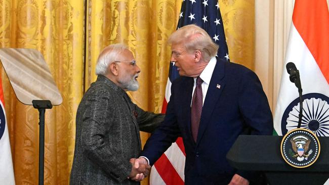 Trump shakes hands with Indian Prime Minister Narendra Modi during a joint press conference in Washington, DC, on February 13, 2025. Picture: AFP