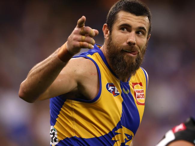 PERTH, AUSTRALIA - APRIL 03: Josh J. Kennedy of the Eagles celebrates a goal during the round 3 AFL match between the West Coast Eagles and the Port Adelaide Power at Optus Stadium on April 03, 2021 in Perth, Australia. (Photo by Paul Kane/Getty Images)