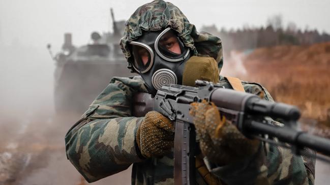 Russian soldiers from the chemical warfare unit in a military exercise.