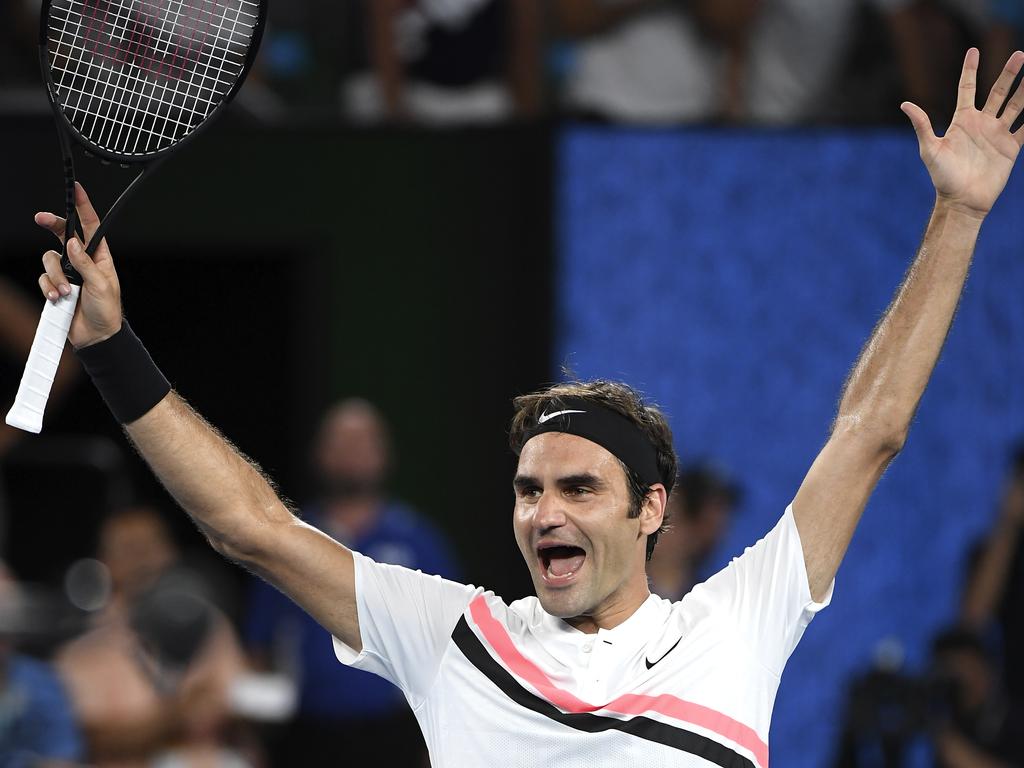 The excitement of victory for Roger Federer. Picture: AP