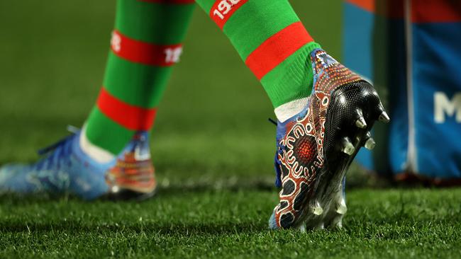 South Sydney’s Latrell Mitchell wore an Indigenous-design boots for the Rabbitohs’ Indigenous Round match against the Dragons on Thursday night. Picture: Phil Hillyard