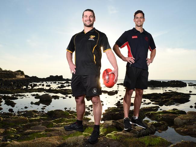 Rivals: Frankston YCW co-captain Kevin Lylak with Mt Eliza captain Sam Gill. Picture: Jason Sammon.