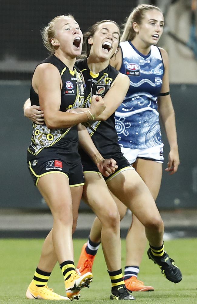 Tiger Kodi Jacques celebrates Richmond’s first win. Picture: Darrian Traynor/Getty Images