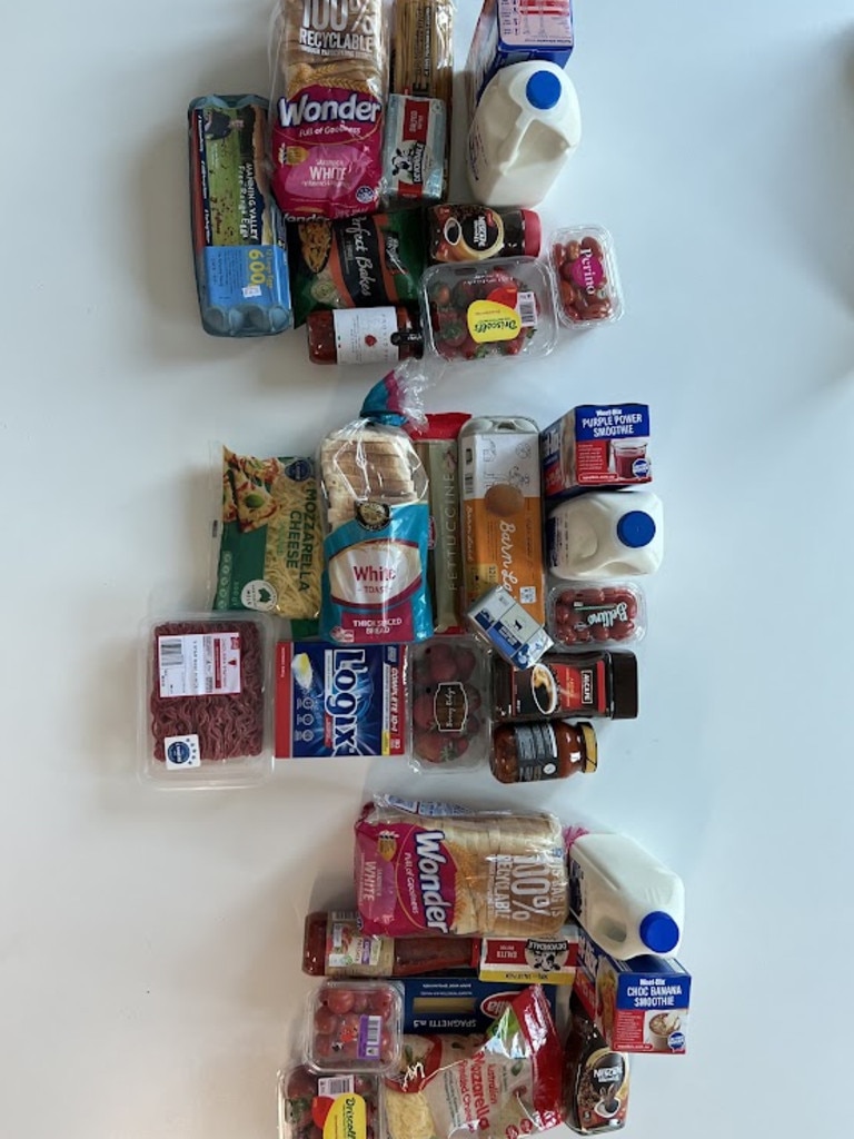 Three different grocery hauls from three different stores. Picture: news.com.au