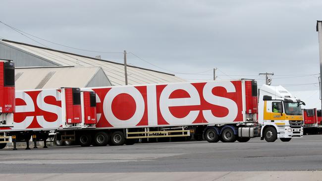 Trucks lined up at a Coles distribution centre. Picture: Mark Wilso